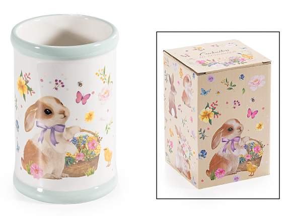 Contenitore in ceramica colorata con decori coniglietti