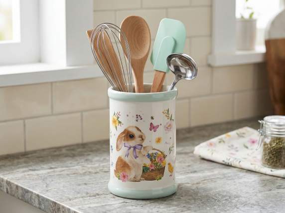 Contenitore in ceramica colorata con decori coniglietti