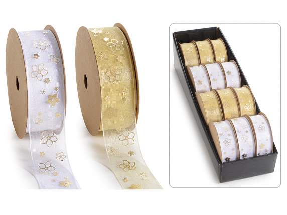 Espositore 12 nastri in organza con stampa dorata a fiori