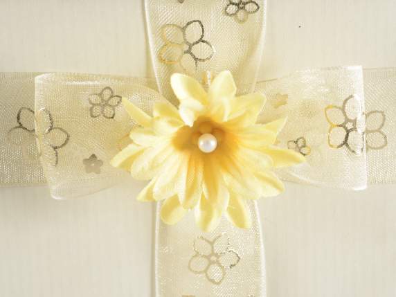 Espositore 12 nastri in organza con stampa dorata a fiori