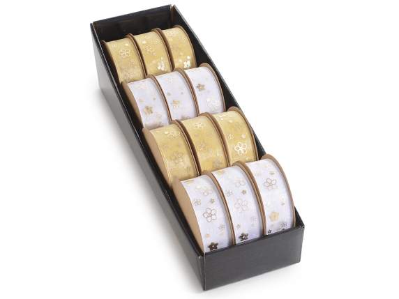 Espositore 12 nastri in organza con stampa dorata a fiori