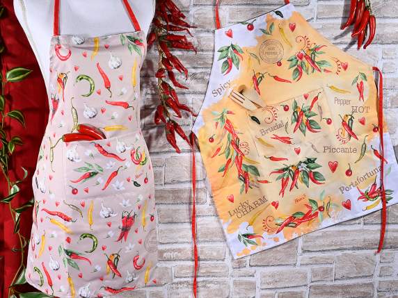 Grembiule cucina in tessuto decoro peperoncino con tasca
