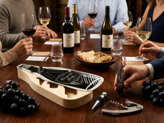 Bottiglia regalo in legno e vetro con 3 accessori sommelier