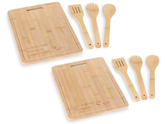 Set tagliere con 3 utensili da cucina in legno di bamboo