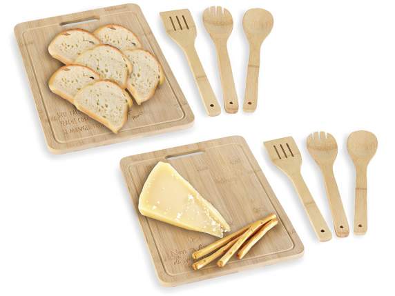 Set tagliere con 3 utensili da cucina in legno di bamboo