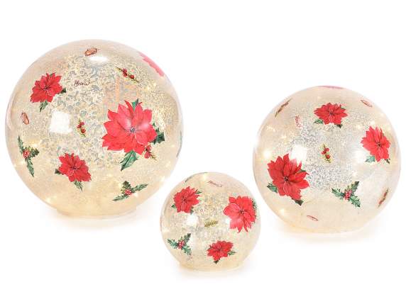 Set 3 lampade natalizie a sfera in vetro decorato con LED