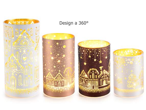 Set 4 lampade a cilindro in vetro decorato con luci LED