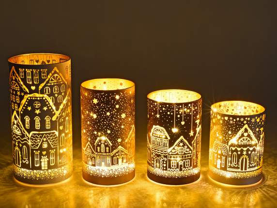 Set 4 lampade a cilindro in vetro decorato con luci LED