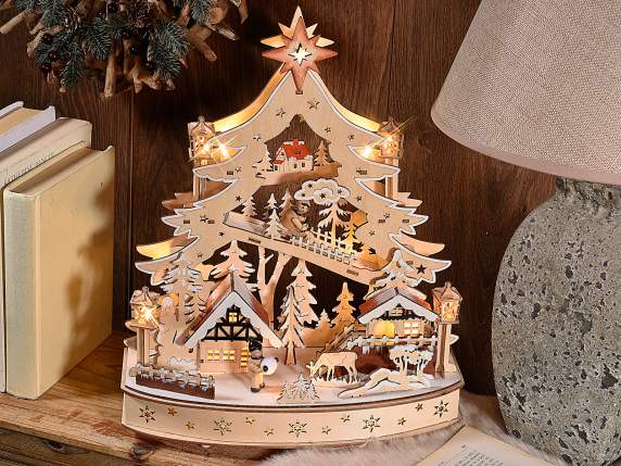 Albero in legno naturale con paesaggio invernale e luci LED