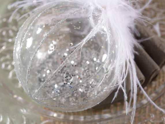 Pallina vetro trasparente con pagliuzze e piumette in espo