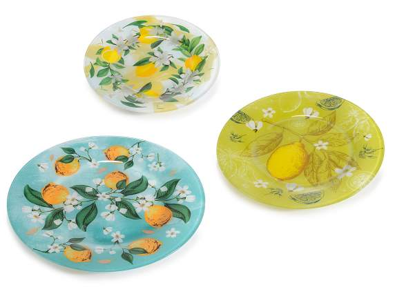 Set 3 piatti alimentari tondi in vetro decorato Limoni