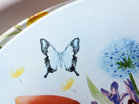 Piatto tondo in vetro con stampa fiori di campo