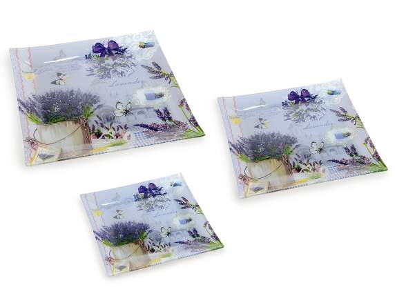 Set 3 piatti quadrati in vetro decorato con lavanda
