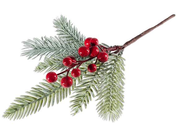 Rametto di abete artificiale innevato con bacche rosse