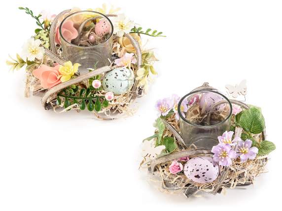 Centrotavola in legno c-portacandela in vetro, uova e fiori