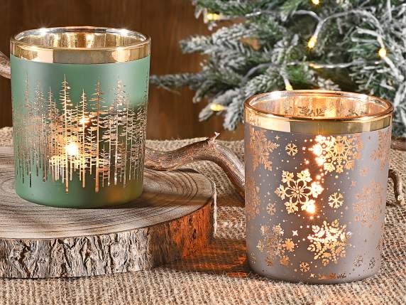 Portacandela natalizio in vetro e dettagli simil oro lucido