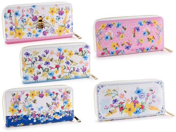 Portafoglio donna similpelle con zip stampa floreale e api