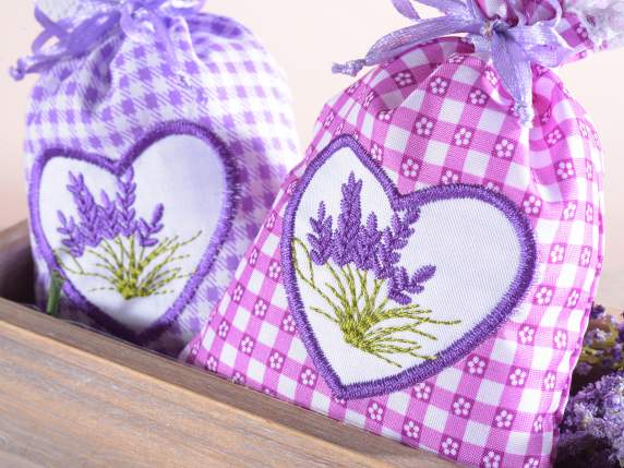 Sacchetto cotone con ricamo lavanda bordo in pizzo e tirante