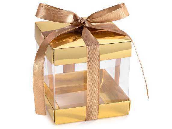 Scatola pvc con coperchio e base in carta con fiocco in raso
