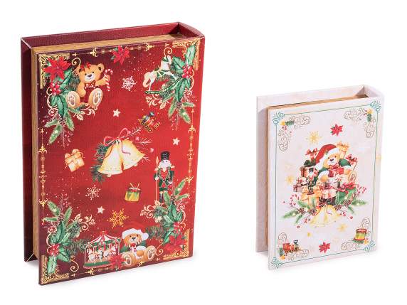 Set 2 scatole natalizie a libro in legno foderato