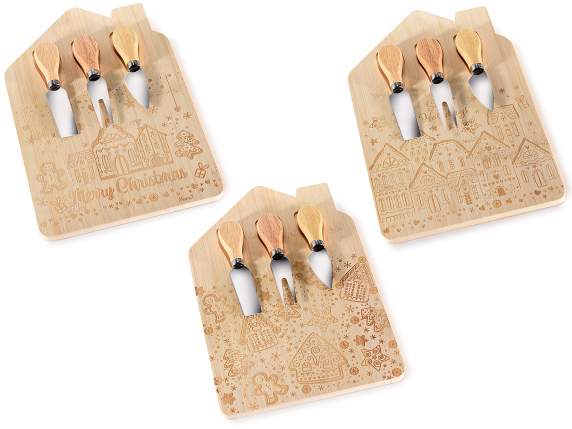 Set formaggio con tagliere in legno decorato e 3 coltelli