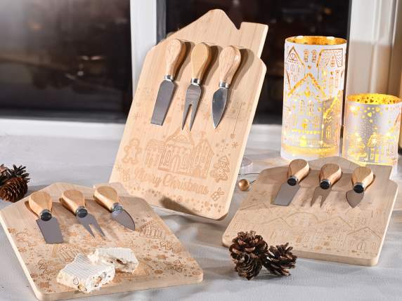 Set tagliere in legno con decori natalizi e 3 coltelli
