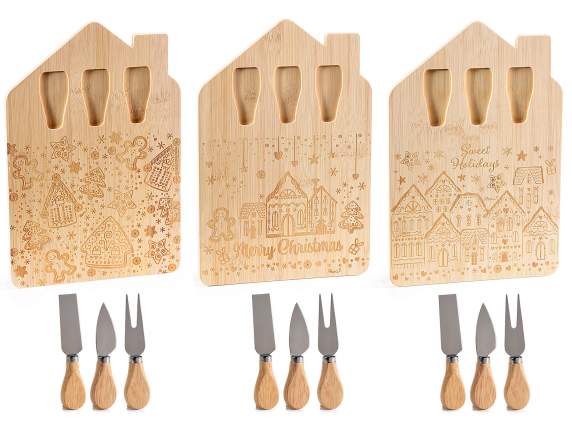 Set formaggio con tagliere in legno decorato e 3 coltelli