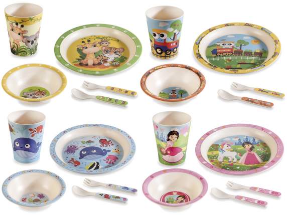 Set pappa in melamina con 2 piatti, 2 posate e bicchiere