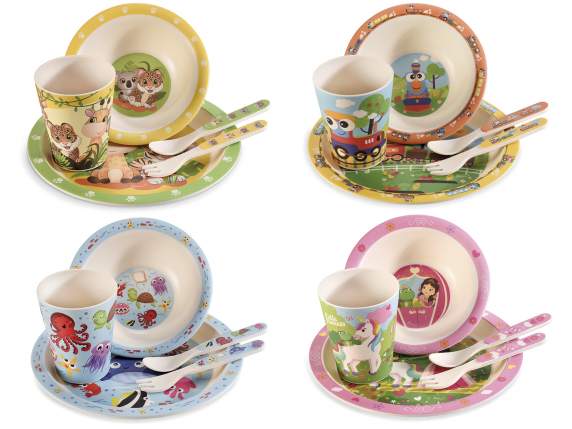 Set pappa in melamina con 2 piatti, 2 posate e bicchiere