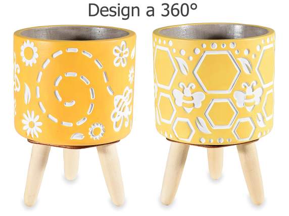 Vaso in cemento su treppiede in legno con decori Bee Honey