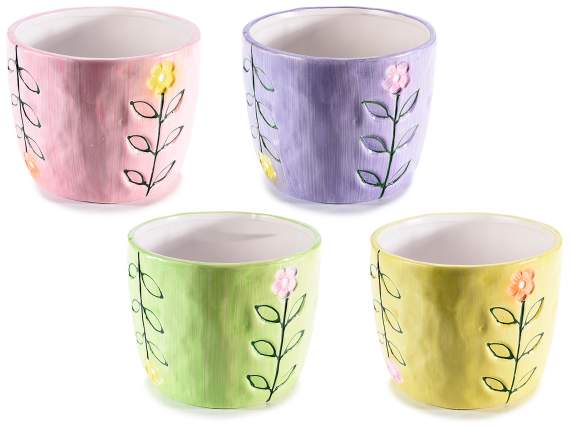 Vaso in ceramica effetto martellato con decori floreali