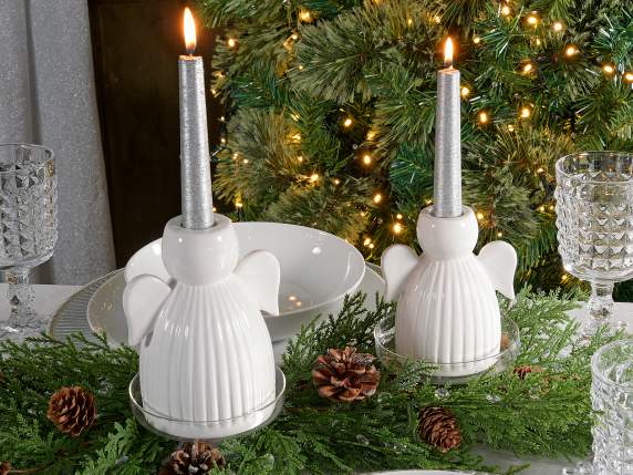 Lot de 2 bougeoirs anges en porcelaine pour bougies à tige