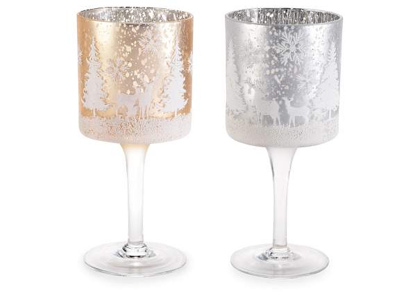 Bougeoir en verre en forme de calice avec décors de paysage