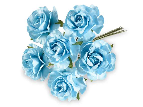 Rose artificielle en papier bleu avec tige malléable