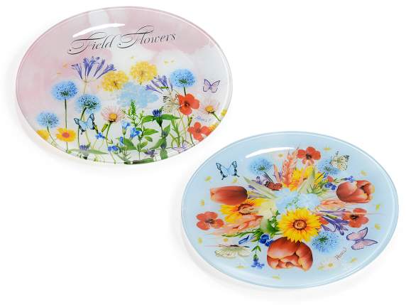 Assiette ronde en verre à motif de fleurs sauvages
