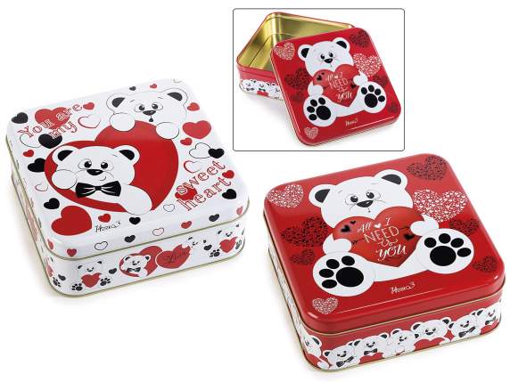 Boîte carrée en métal avec motif dours en peluche et de cœu