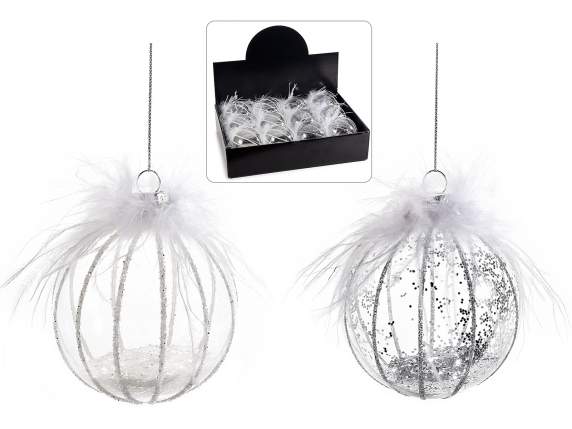 Boule en verre transparent avec pailles et plumes