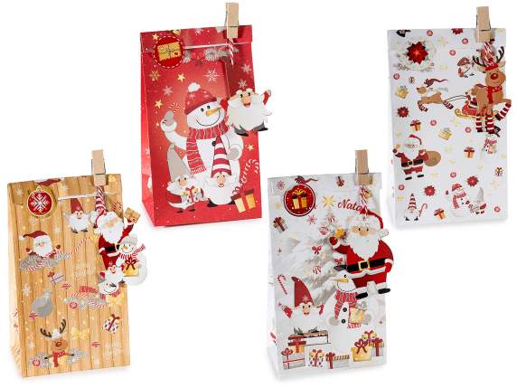 Sac en papier de Noël avec pince, étiquette et autocollant