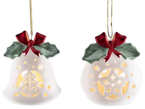 Décoration en céramique avec nœud et houx avec lumière LED