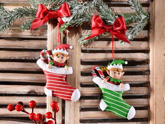 Bas de Noël lutin en pâte de résine à suspendre