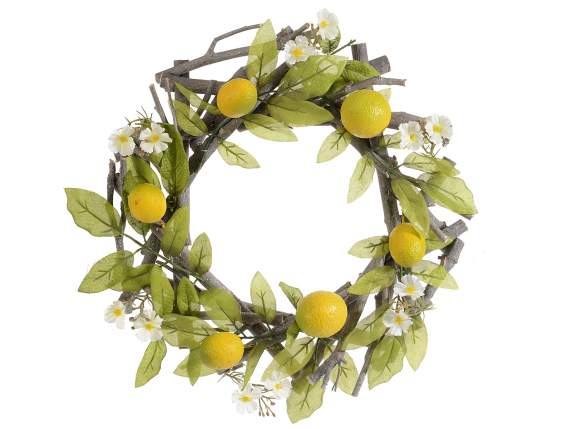 Guirlande en bois avec citrons artificiels et fleurs