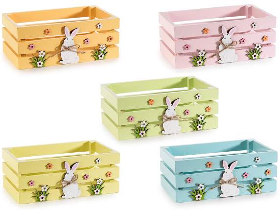 Coffret en bois coloré avec lapin blanc et petites fleurs