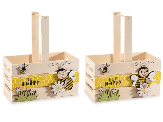 Panier en bois avec anse et décorations dabeilles en relief