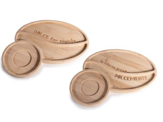 Plateau en bois avec soucoupe à café et deux compartiments