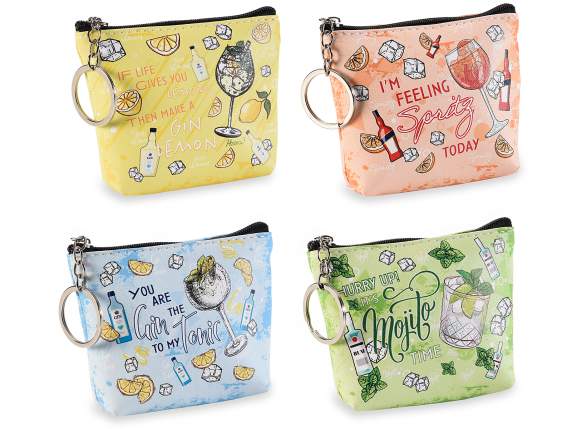 Porte-monnaie zippé en similicuir avec décoration cocktail