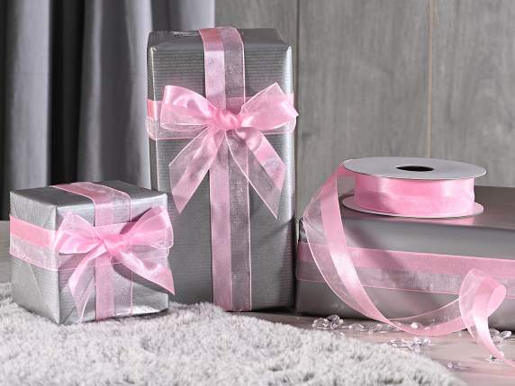 Ruban satin et organza rose de 25 mm