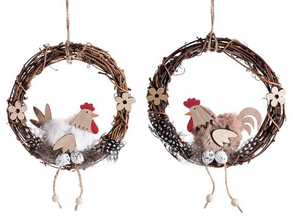 Guirnalda de madera con gallina y plumas para colgar