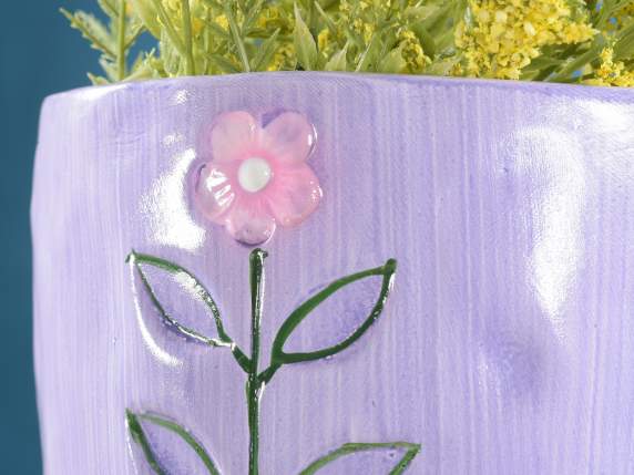 Hammered effect ceramic vase with floral decorations