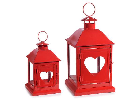 Set of 2 red metal lanterns with heart carving