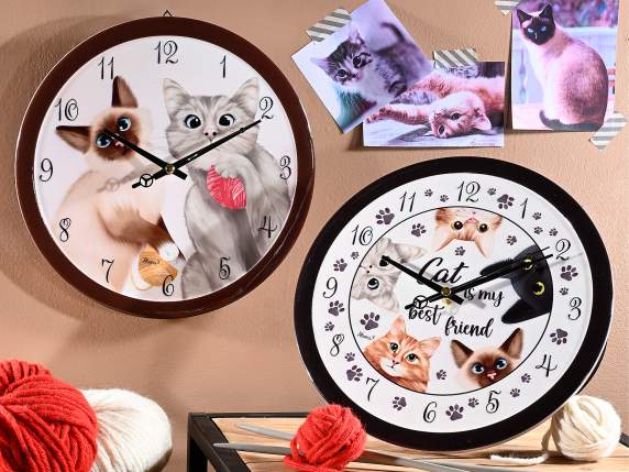 Horloge en céramique avec imprimé chat et décorations en rel